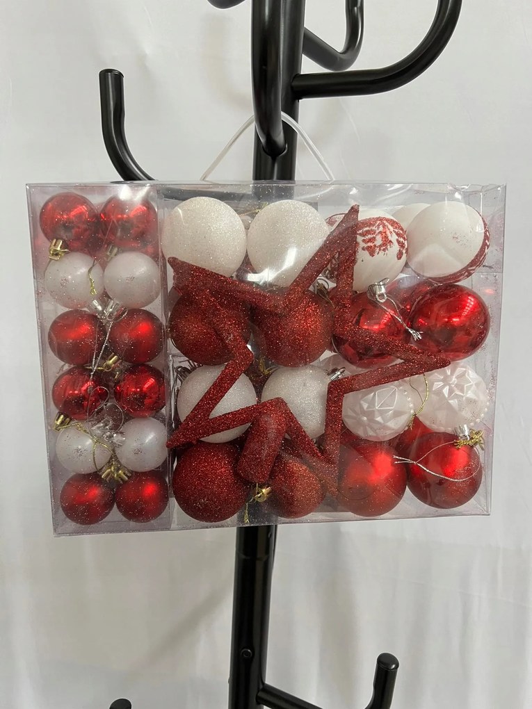 Karácsonyfadísz nagy szett 55 db-os piros-fehér csillámos
