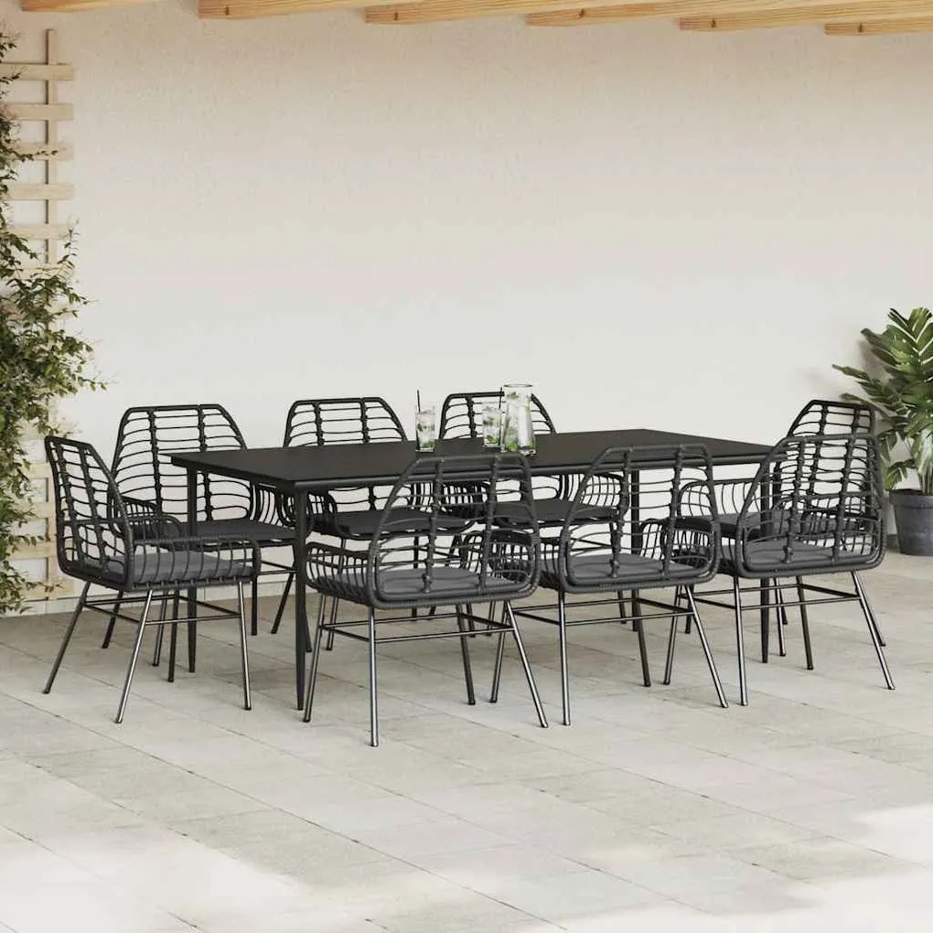9 részes fekete polyrattan üveg kerti étkezőgarnitúra párnákkal