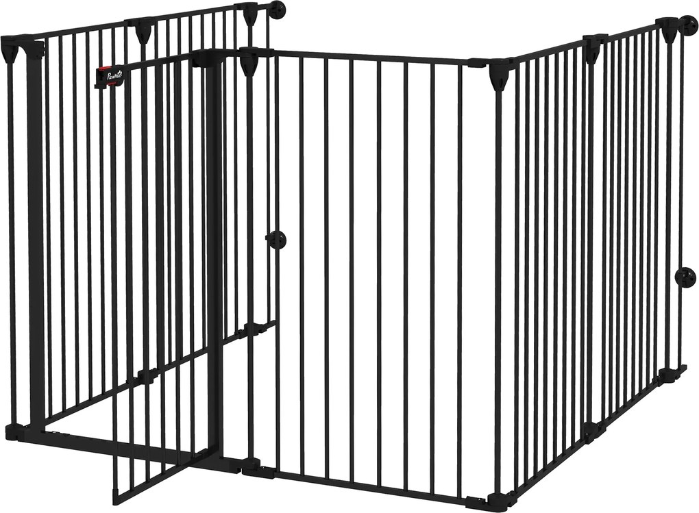 PawHut Összecsukható Kapu Közepes és Nagy Kutyák Számára, Kétzáras, 6 Paneles Acél és Műanyag Konstrukció, Belső Biztonsági Kapu, 123x102x100 cm, Feke