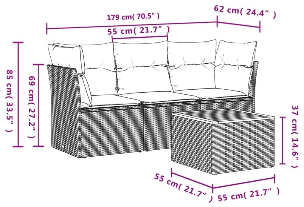 4 részes fekete polyrattan kerti ülőgarnitúra párnákkal