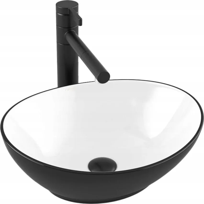 Mosdókagyló Asztali Kerámia Matt Fehér-fekete Ovális 42x34 CM