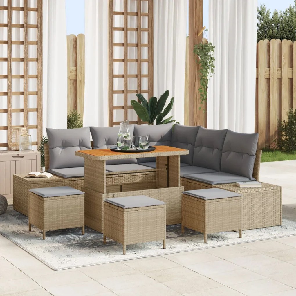 8 Darabos Kert Sofa Szett Párnákkal Bézs Poli Rattan Akác, 2 Személyes Kert Sofa Párnákkal Bézs Poli Rattan, 3 Darabos Kert Étkező Szett Párnákkal Bézs Poli Rattan Akác