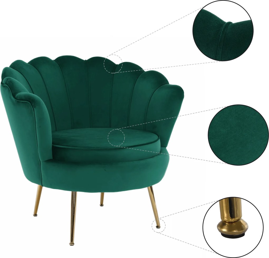 Fotel Art-deco stílusban, smaragd Velvet anyag/gold króm-arany, NOBLIN