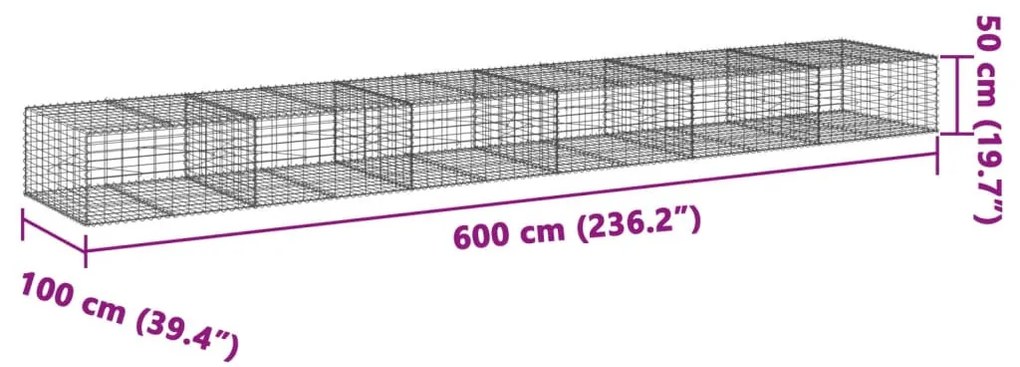 horganyzott vas gabion kosár fedéllel 600 x 100 x 50 cm