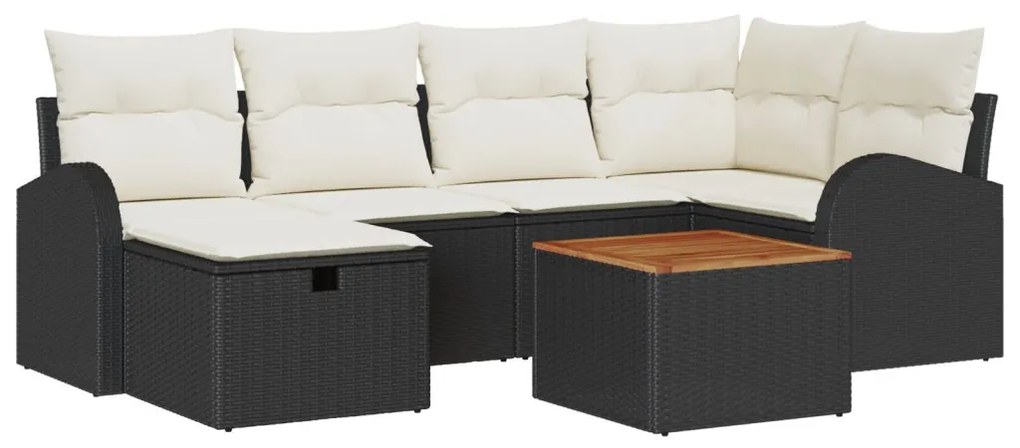 7 részes kerti bútor szett párnákkal, fekete poly rattan, 2 személyes kerti bútor tárolóval és párnákkal, fekete poly rattan