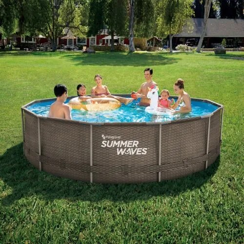 Polygroup Summer Waves®, 3,66x0,91 m Rattan hatású fémvázas medence szett, létra, fedő (SW RATMF366x91FPD)