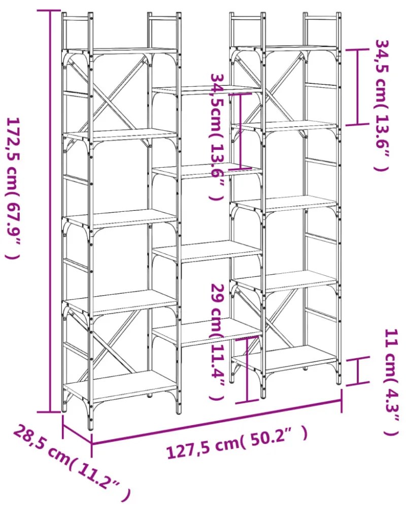 füstös tölgy színű szerelt fa könyvespolc 127,5x28,5x172,5 cm