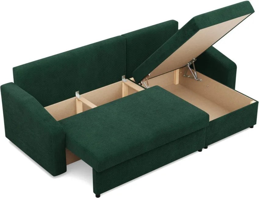 Zeus sarokkanapé, 2 ágyneműtartóval, döntött kartámasz, kordbársony, univerzális oldal, hab töltet, zöld