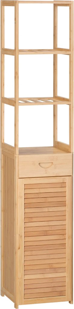 kleankin Fürdőszobai Szekrény Tárolószekrény Fiókkal, Három Polccal, Nyitott Rekesszel, Bambuszból, Magas Szekrény Fürdőszobába és Nappaliba, 32 x 30