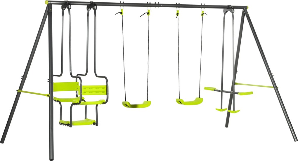 Outsunny Gyerekek Kültéri Hintaállványa 2 Hintával, Forgó Ülésekkel és Acél Vázszerkezettel 3-8 Éveseknek 355x184x186 cm Zöld | Aosom