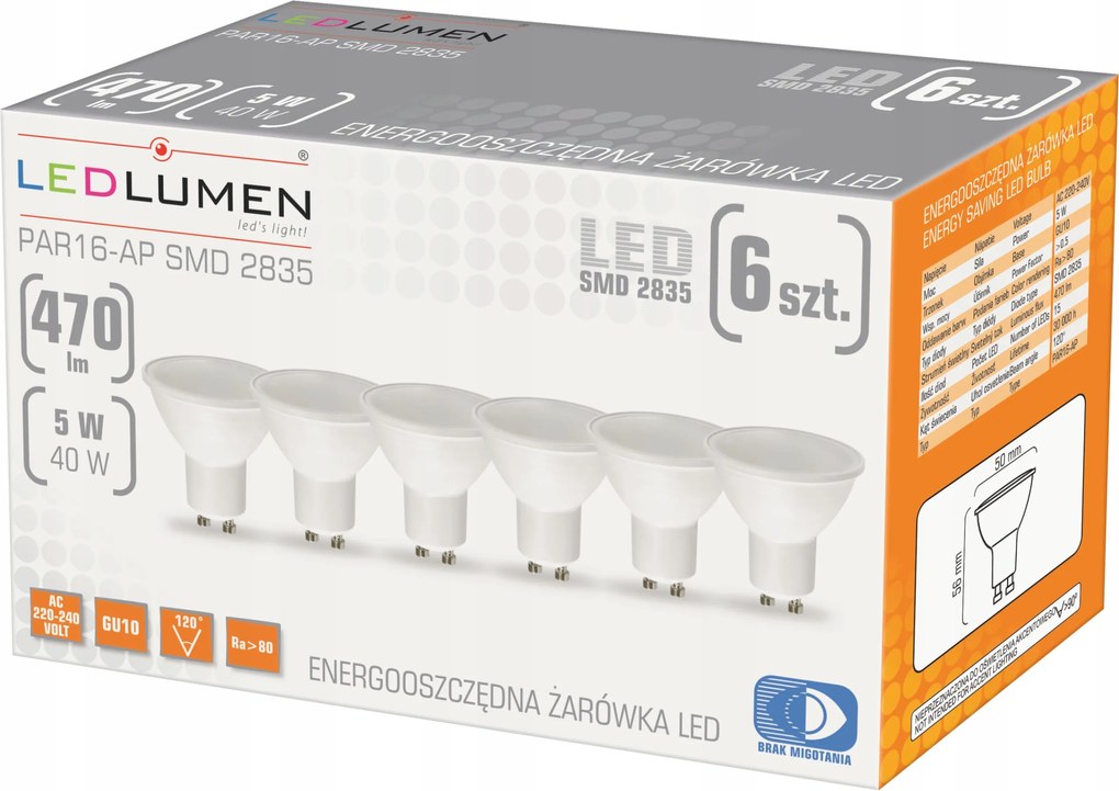 6 db-os Led izzó szett GU10 5W=40W 470lm Prémium Nem villogó Semleges 4000K