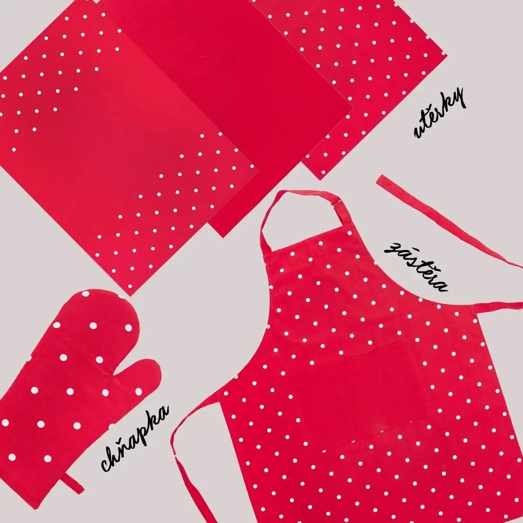 Pöttyös konyhai kötény, piros, 71 x 86 cm