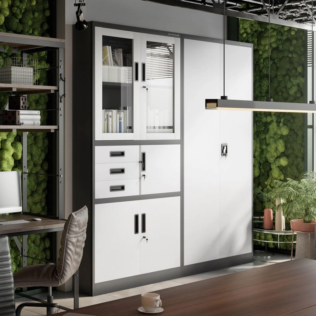 Fém iratszekrény széffel, vitrinnel és fiókokkal FILIP, 900 x 1850 x 400 mm, antracit-fehér