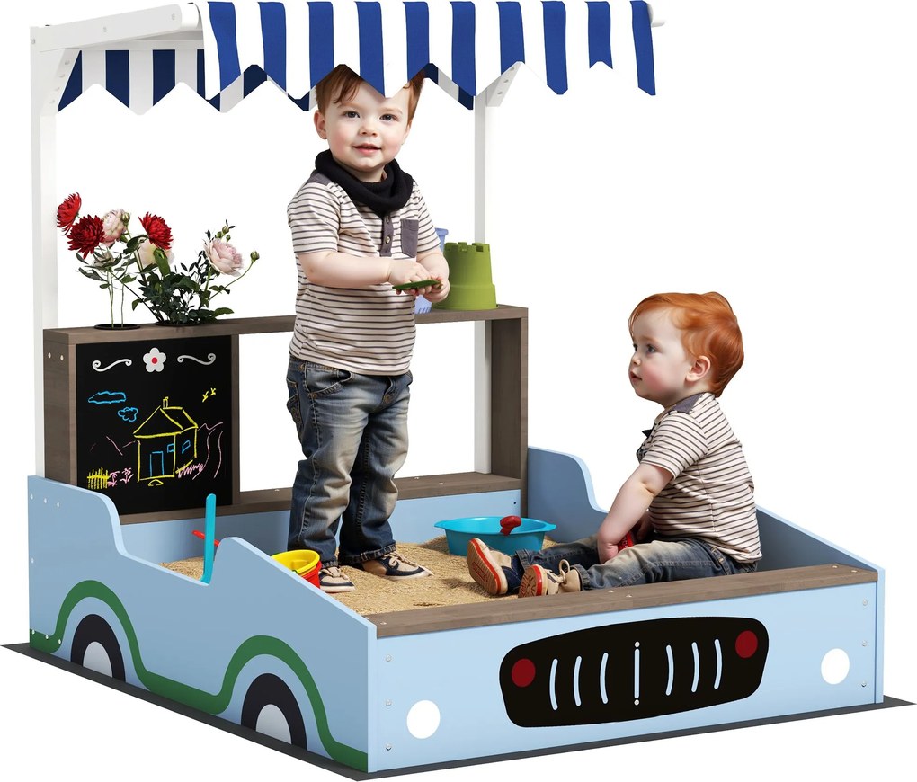 AIYAPLAY Homokozó Fedelettel 90 x 120 cm Tömör Fából Készült Gyerek Homokozó Padokkal, Krétatáblával, Virágládákkal, Konyhával, Homokozó Kültéri Erkél