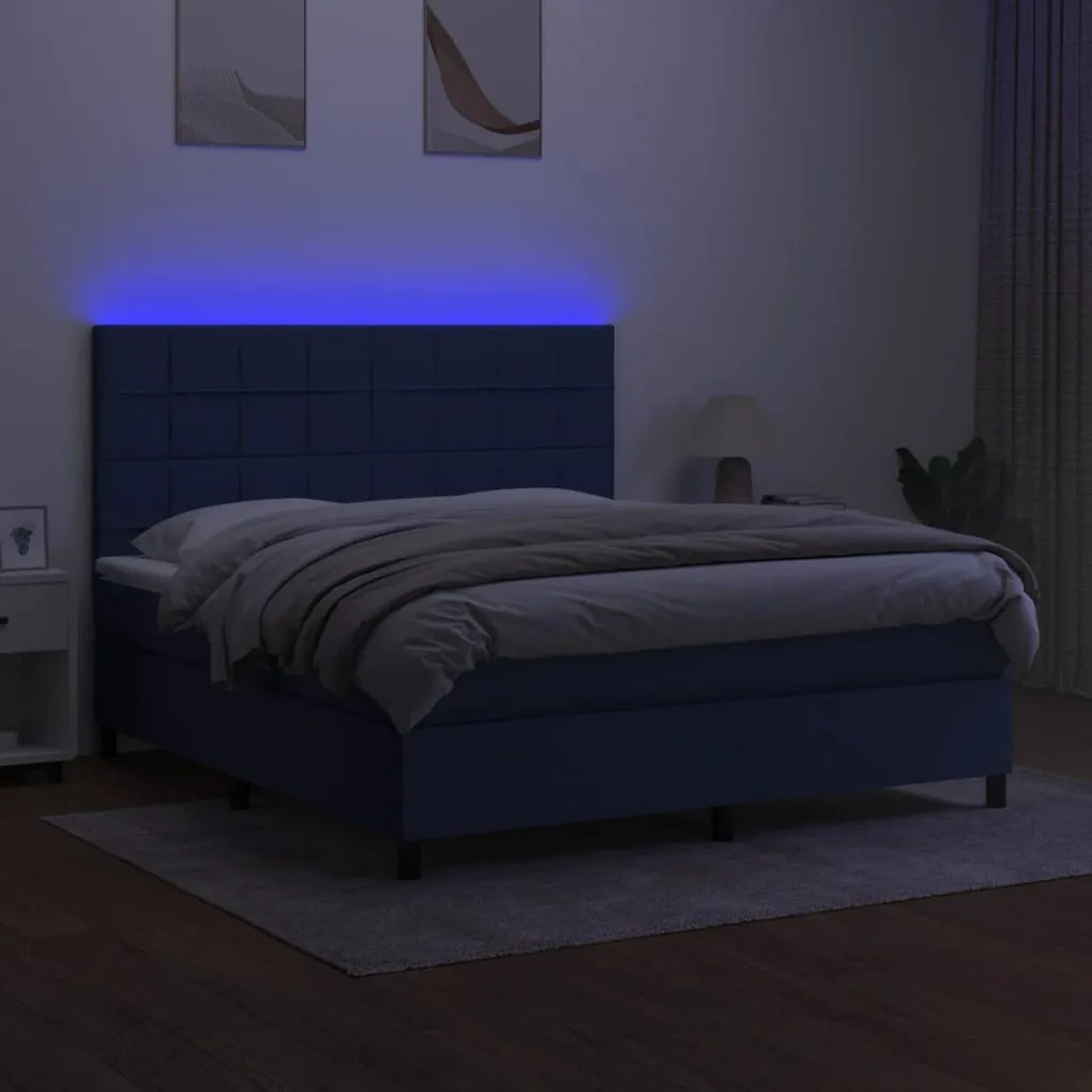 kék szövet rugós és LED-es ágy matraccal 180 x 200 cm
