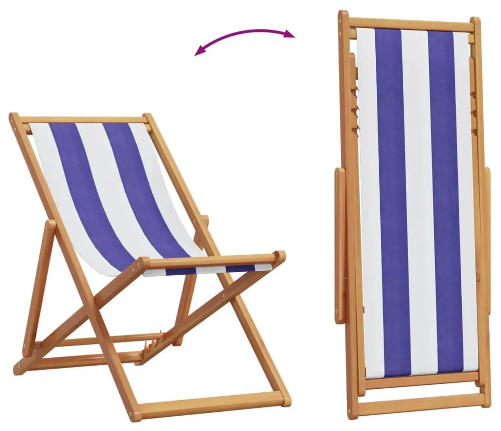 2 db kék és fehér szövet és tömör fa összecsukható strandszék