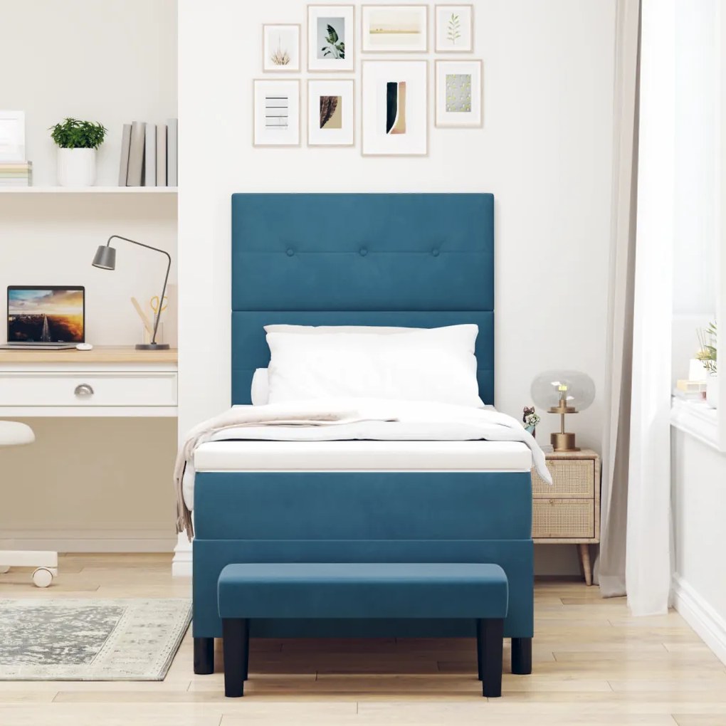 Boxspring Ágy Mattal és Pad Dark Blue 100x200 cm Velvet