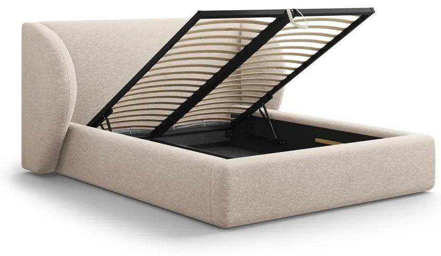 Bézs kárpitozott ágyneműtartós franciaágy ágyráccsal 160x200 cm Miley – Micadoni