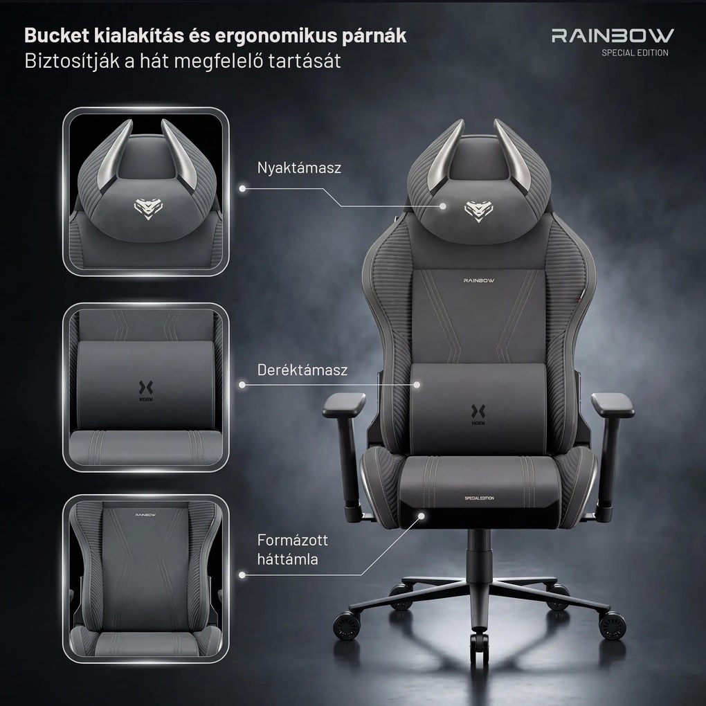 Szürke szövet gamer szék X-Horn 2.0 Rainbow Grey, Normal