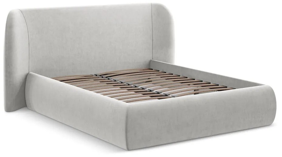 Világosszürke kárpitozott ágyneműtartós franciaágy ágyráccsal 180x200 cm Hauke – Makamii