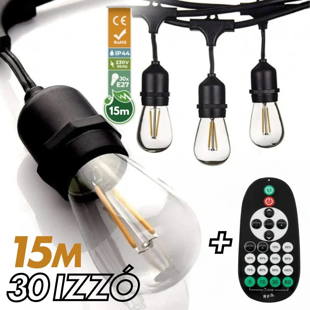 Kültéri fényfüzér kerti égősor girland 15m - 30db izzó + távirányító | Sorolható IP44 E27