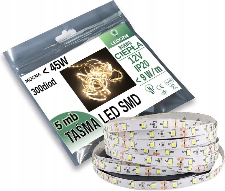 Erős 9W/m Prémium Led szalag 2835 300 IP20 Ww 5m