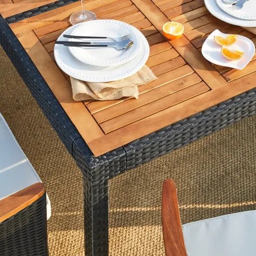 Casaria® Kerti rattan szett Berlin premium 1+8 - fekete/fa