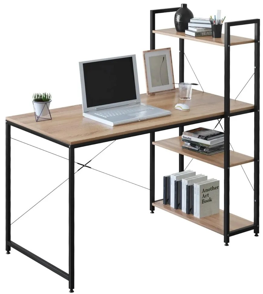 Intenso Home íróasztal / számítógépasztal polcokkal 100x52cm | Masszív fém váz, fekete - Sonoma tölgy szín