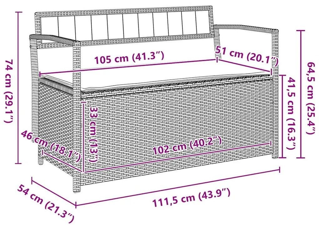 világosszürke polyrattan kerti tárolópad párnával