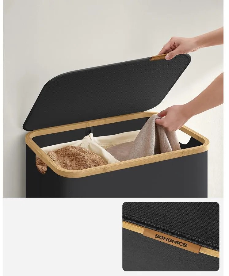 SONGMICS szennyeskosár fedéllel 130L, 2 rekeszes nagyméretű szennyes tartó, fekete