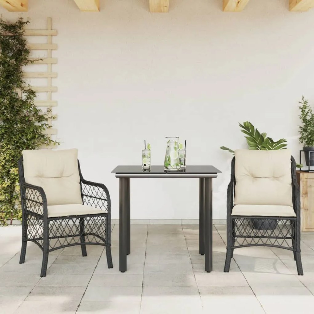 3 részes fekete polyrattan bisztrógarnitúra párnával