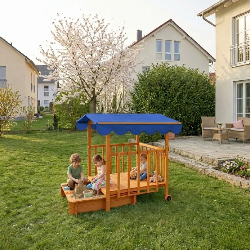 HAPPY verandás homokozó, 130x130x143cm, barna/kék Jurhan