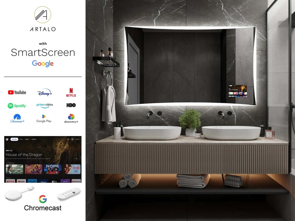 SMART tükör LED világítással M5 + SmartScreen with Google Chromecast