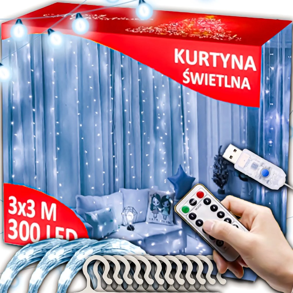 Led Fényfüggöny 3x3 Karácsonyfa Lámpa 300 Led Karácsonyi Hideg Füzér