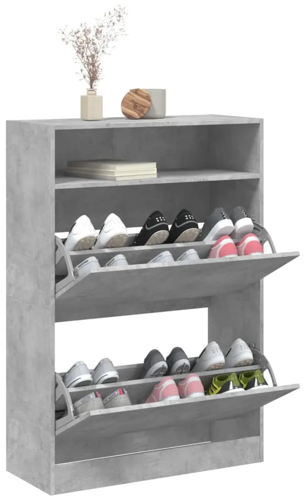 betonszürke cipőszekrény 2 kihajtható fiókkal 80 x 34 x 116 cm