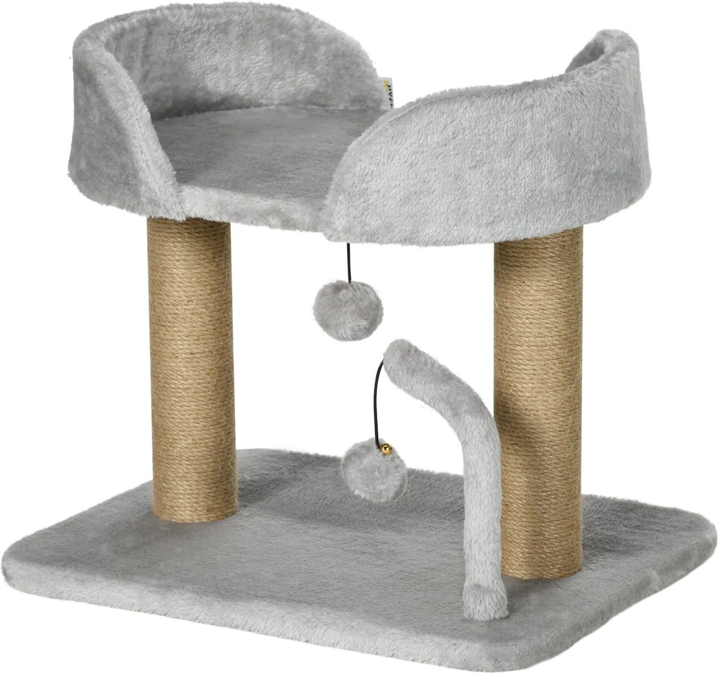 PawHut Kisméretű Macska Kaparófája 42 cm Magasságú Macska Fakérgével, Függőlabdákkal és Szizálposztokkal 48x38x42 cm Világos Szürke | Aosom
