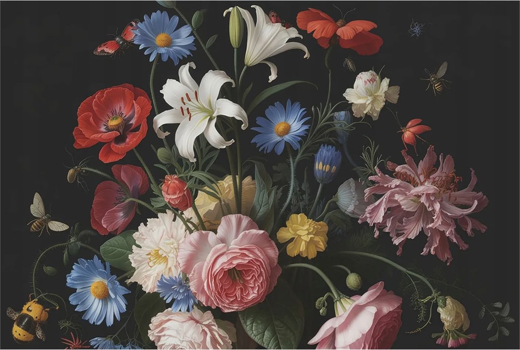 Flizelin tapéta Divatos 3D fali ragasztó Virágok rovarokkal 104x70 Ragasztó