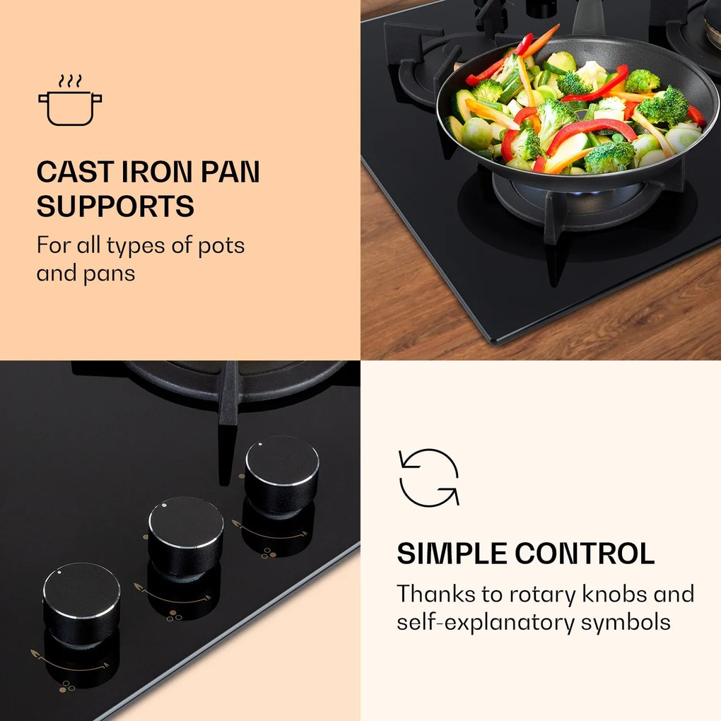 Klarstein Goldflame 3, gázfőzőlap, 3 Messing égő, üvegkerámia