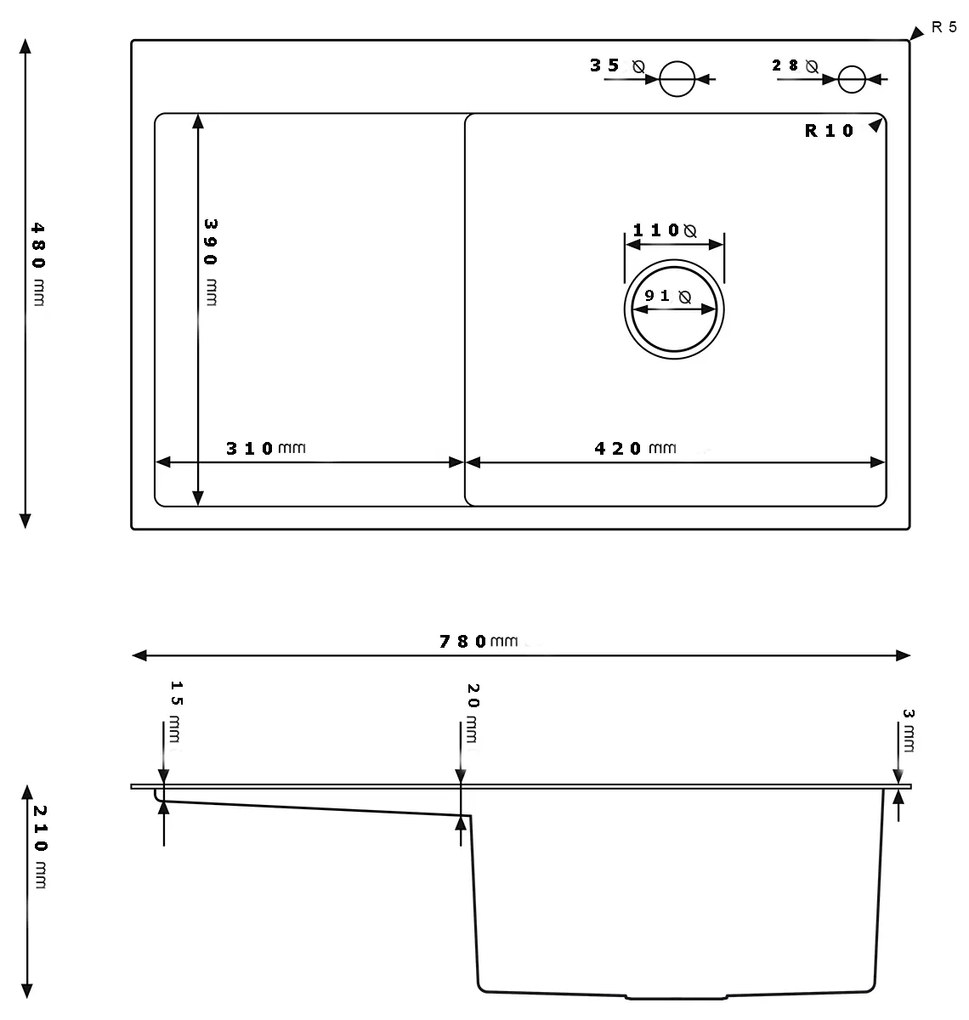 Erga HD, 1 kamrás acél mosogató 780x490x210 mm, jobb, grafit, ERG-MLS-HD7849RB