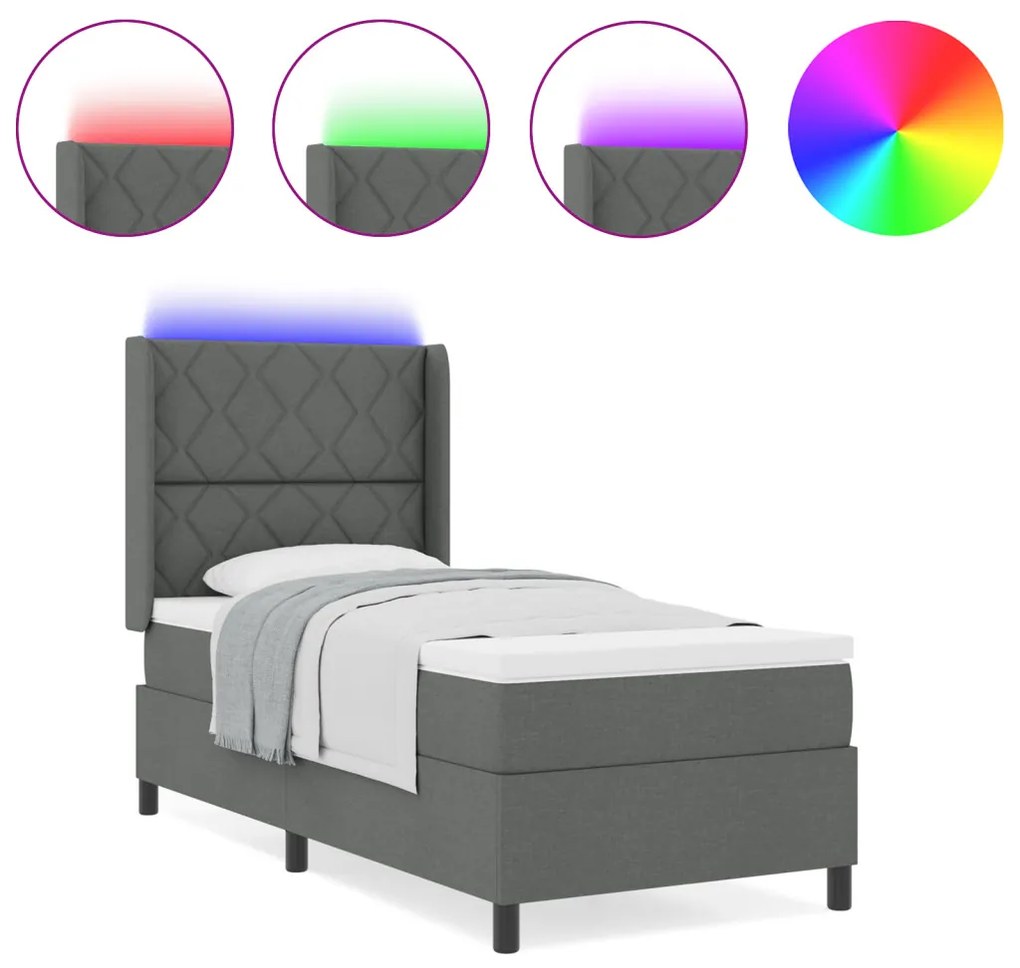 Boxspring Ágy Mattal és LED világítással Sötét Szürke 90x200 cm Szövet