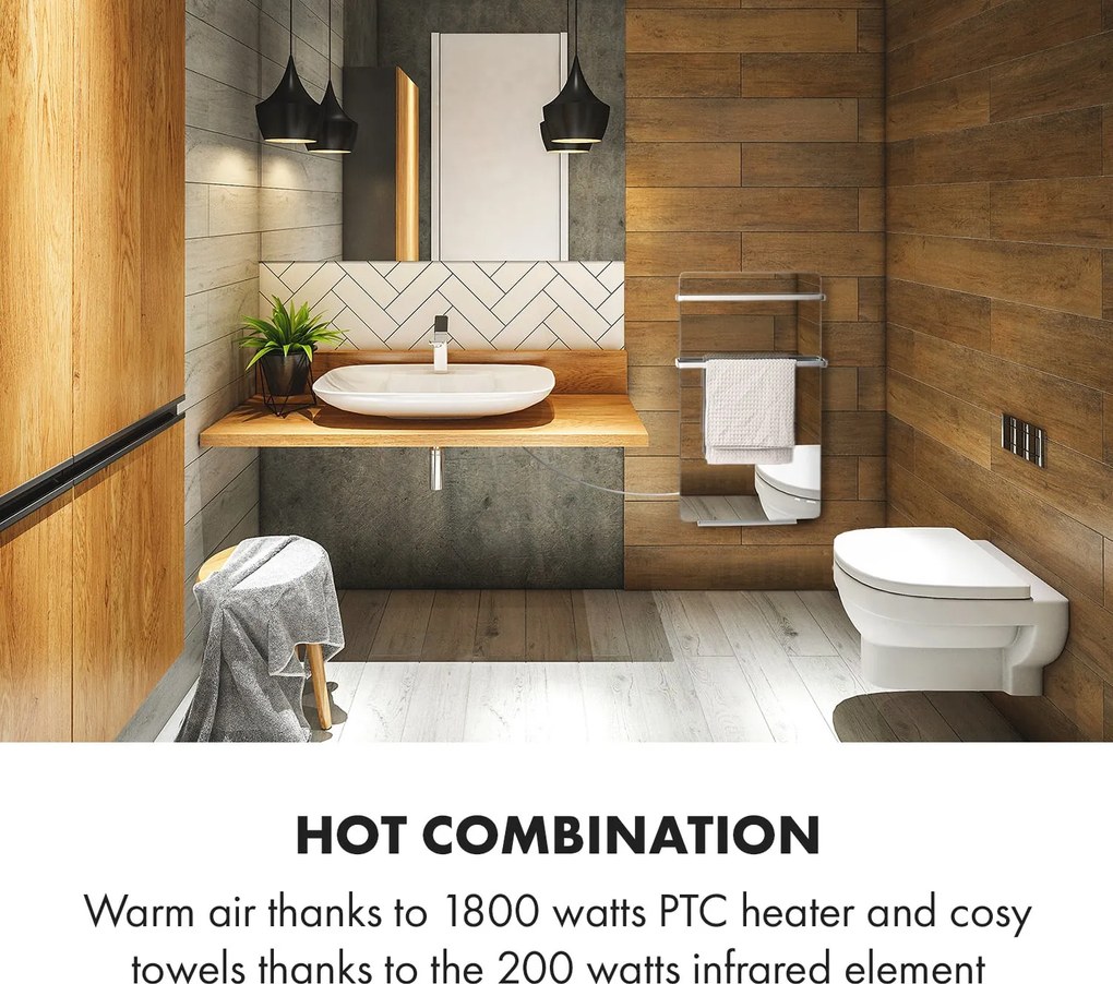 Klarstein Hot Spot Crystal Flow, fürdőszobai fűtőtest, 45 x 82cm, 36m², 2000 W, 5-40°C, LED