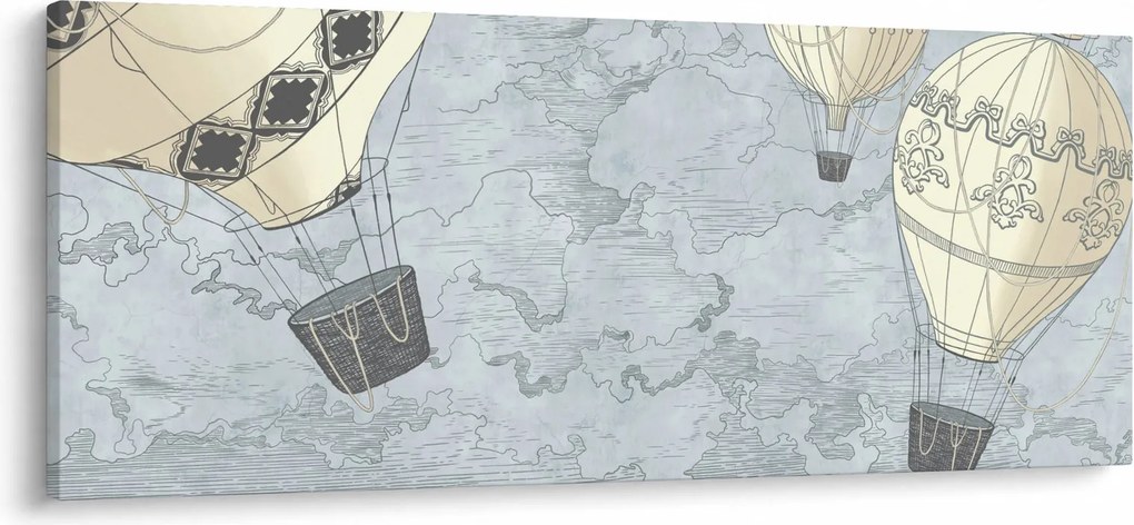 Kép - léggömbök a város felett, hűvös tónusok (120x50 cm)