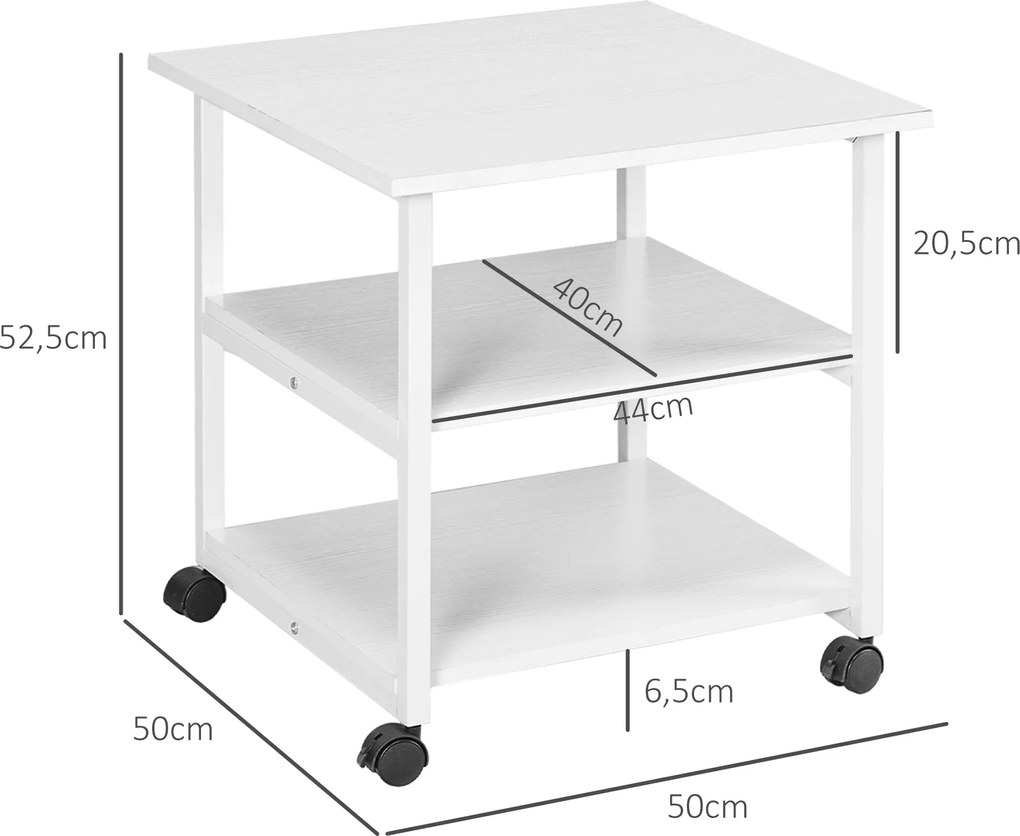 HOMCOM Lézernyomtató Állvány Szekrény 3-Fiókos Mobil Kerekeken 50 x 50 x 52,5 cm Fehér | Aosom