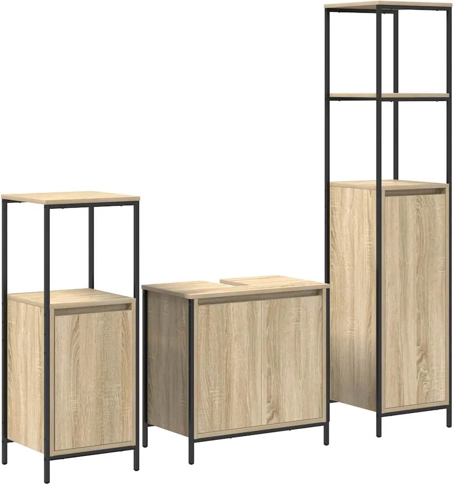 vidaXL Fürdőszoba bútor szett 3 pcs Sonoma Tölgy és Fekete Faanyag