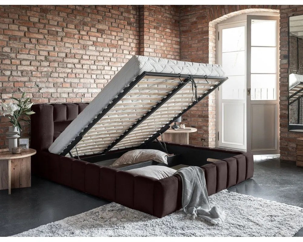 Sötétbarna kárpitozott ágyneműtartós franciaágy ágyráccsal 160x200 cm Lamica – ELTAP