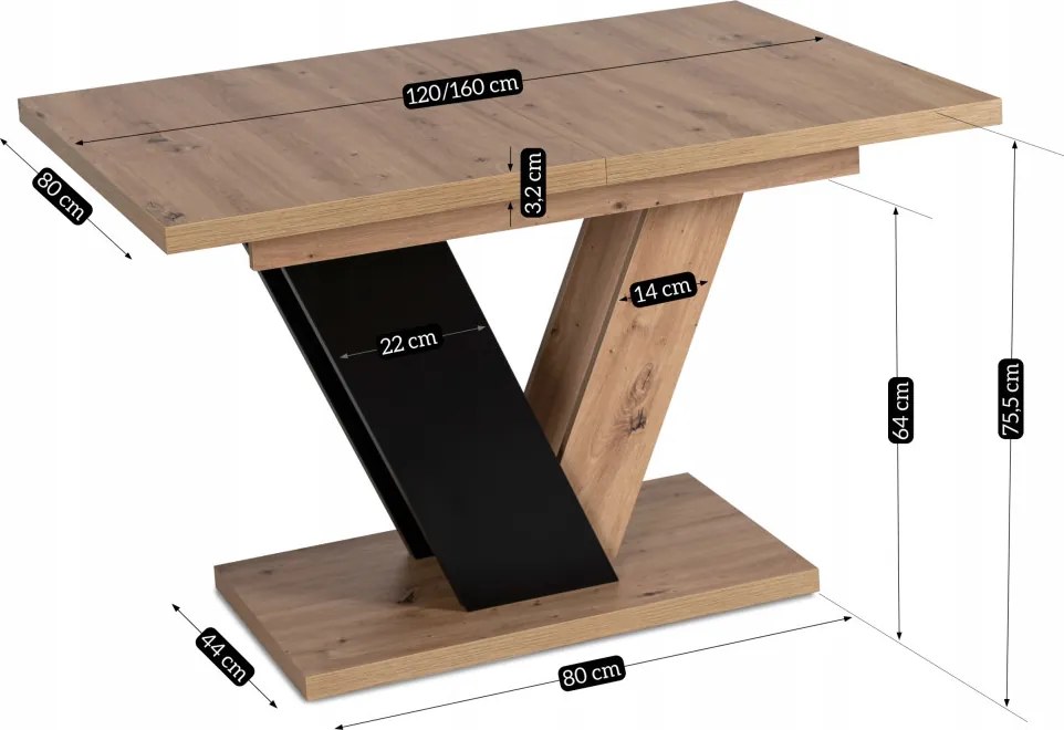 Bővíthető étkezőasztal 120–160 cm Artisan tölgy / fekete színkombinációban – CLARK
