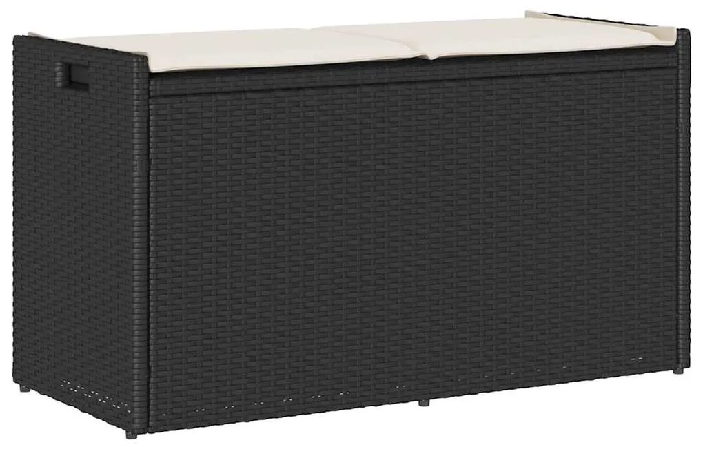 Fekete polyrattan kültéri tárolópad párnával 100 cm