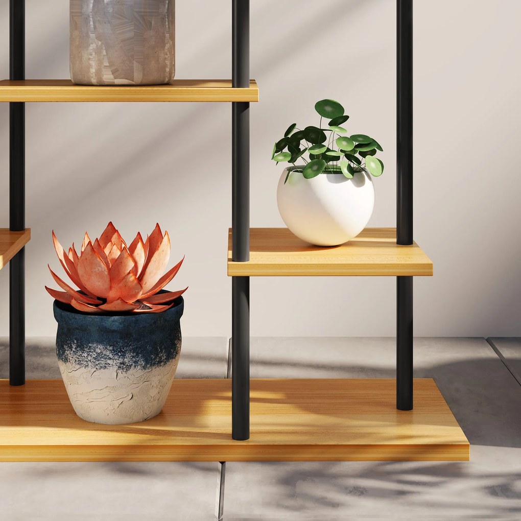 Outsunny Beltéri Növénytartó, 6 Szintes Növénypolc, Acél Váz, Masszív Fa Alap, Növénytartó a Nappaliba, Erkélyre, Kertbe, Természetes Fa | Aosom