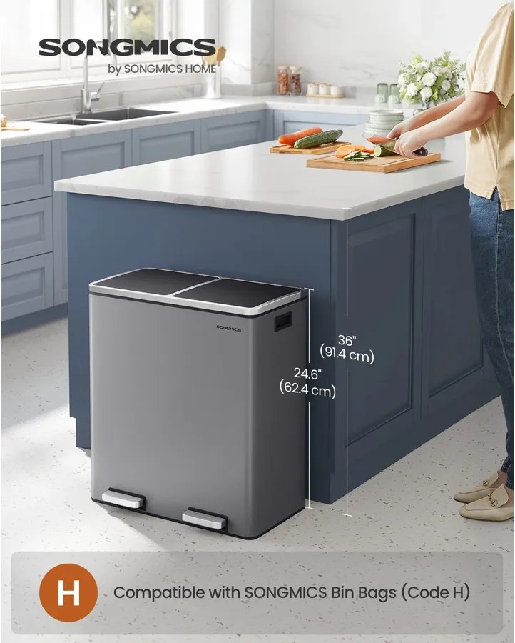 2 rekeszes Szemetes, 2 x 30 L fedéllel, szürke