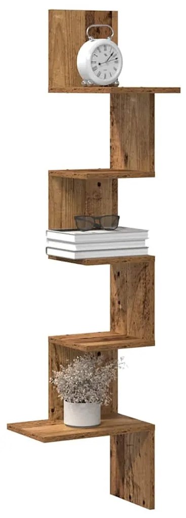 antik fa színű szerelt fa fali sarokpolc 32x32x127,5 cm